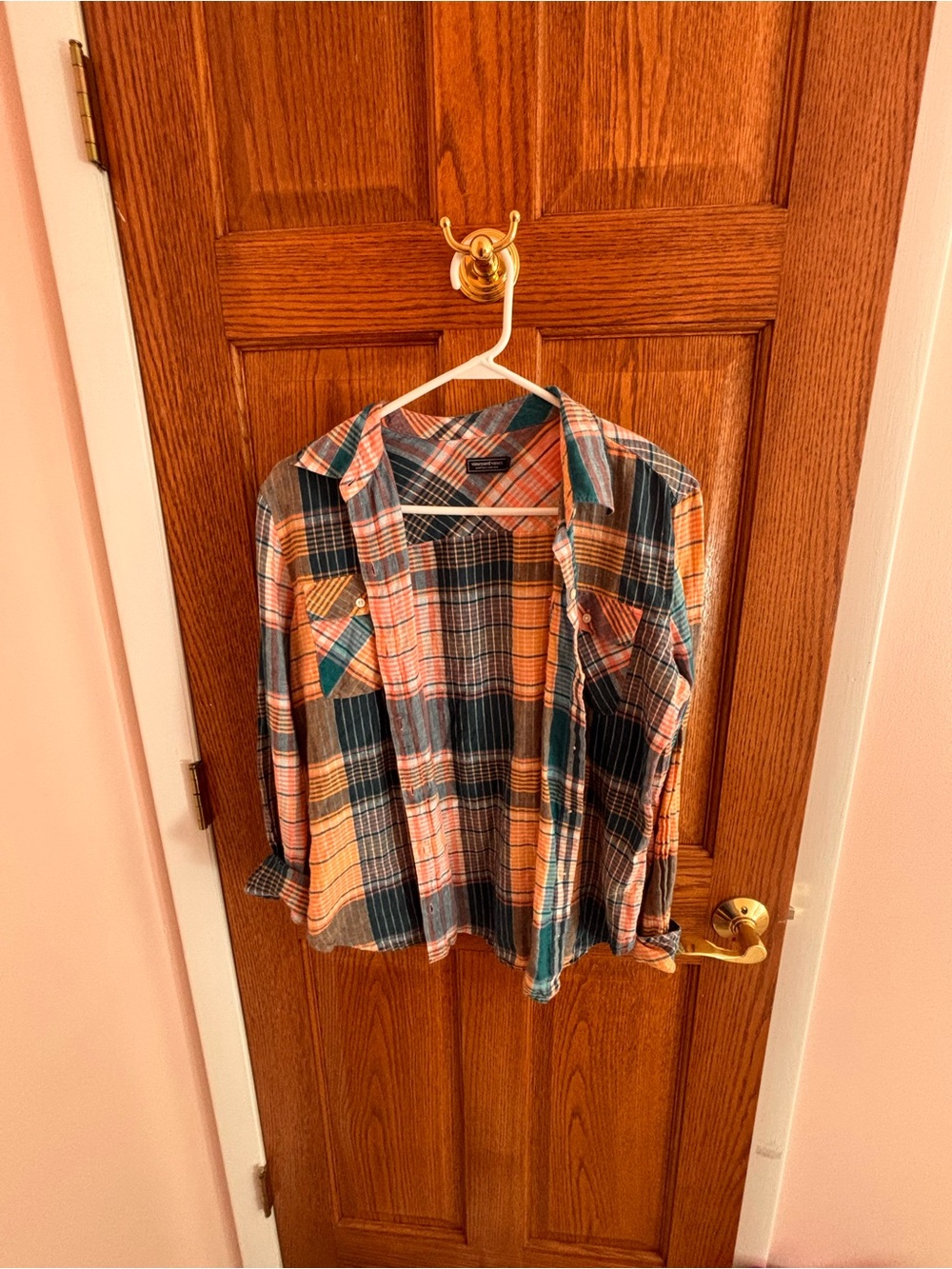 Vineyard Vines Women’s Plaid Button-Down Shirt in Orange and Teal and pink